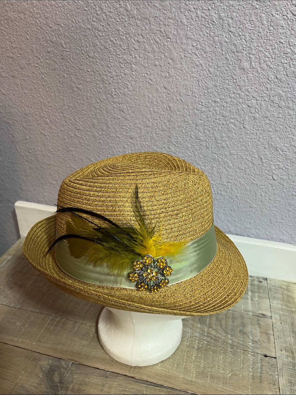 Uno Alla Volta Fedora with Sage Band, Feathers & Jeweled Brooch- made USA